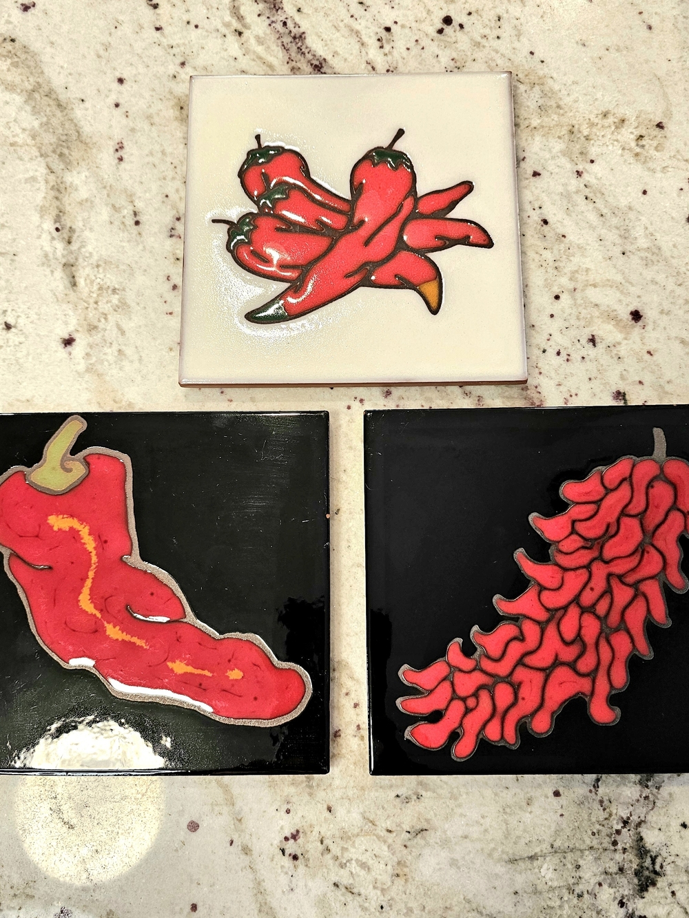 Tile Trivet Red Chili Pepper Ceramic Set Hand Painted Artisan Tile Coaster Decor
